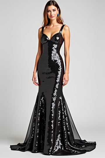 Robe cravate noire scintillante sirène à col en V avec lacets dans le dos